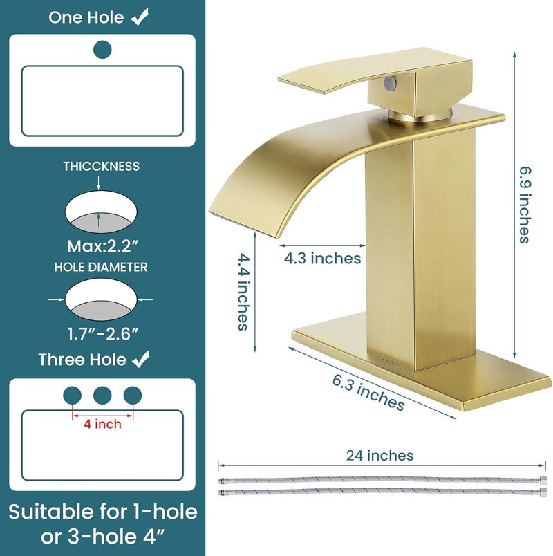 LUFG Bathroom Faucets Brushed Gold Waterfall Bathroom Sink Faucet Modern Single Handle Bathroom Faucet for 1 or 3 Hole Mxier Tap Washbasin Faucet with Deck, Pop-up Drain and Supply Hoses 2 Pack - Image 3
